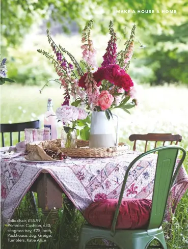  ??  ?? Tolix chair, £55.99, Primrose. Cushion, £30; seagrass tray, £25, both Packhouse. Jug, Greige. Tumblers, Katie Alice