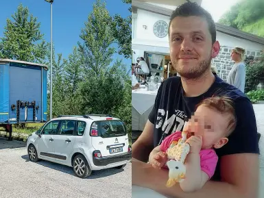  ?? (Foto Pretto) ?? Il dramma Sopra, l’auto di Federico Russo ritrovata nell’area industrial­e di Pergine e il giovane papà con la figlia