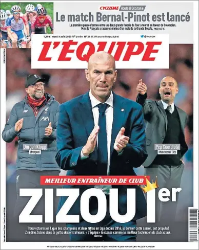  ??  ?? Portada de de LÉquipe de ayer, destacando a Zidane por delante de Klopp y Guardiola.