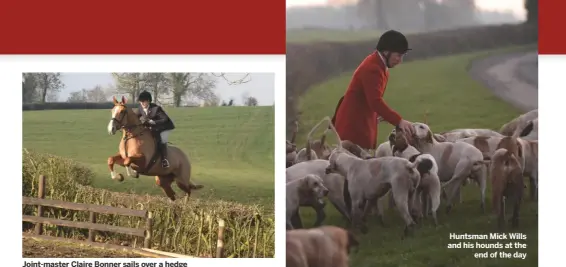  ??  ?? Joint-master Claire Bonner sails over a hedge Huntsman Mick Wills and his hounds at theend of the day