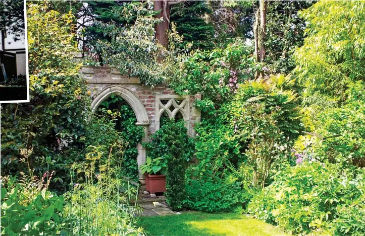  ??  ?? Another world: A folly blends into the shrubbery. It is one of a number of structures built by Mr Bailey to ensure the garden has a surprise around every corner