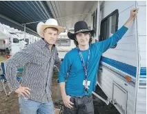  ??  ?? Bullfighte­r Nick Fair, left, from Illinois, and second-generation rodeo clown Brinson James, right, from Florida, consider the St-Tite Western Festival to be a major event.