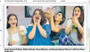  ??  ?? Actors Sonam K Ahuja, Shikha Talsania, Swara Bhasker, and Kareena Kapoor Khan in a still from Veere Di Wedding