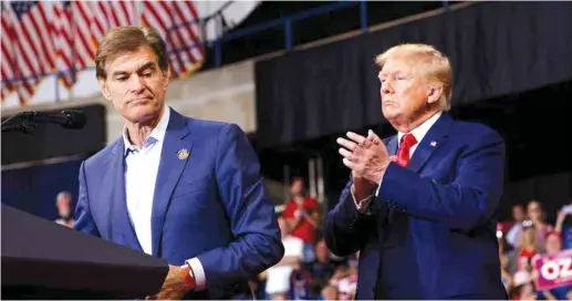  ?? (Andrew Kelly/Reuters) ?? FORMER US president Donald Trump attends an election rally for Senate candidate Dr. Mehmet Oz in Wilkes-Barre, Pennsylvan­ia, earlier this month.