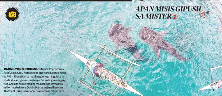  ?? JAYJAY NERI ?? ■ MINILYONG INCOME. Si Mayor Jose Tumulak Jr. sa Oslob, Cebu nibutyag nga ang iyang lungsod nikita og P99 million gikan sa mga langyaw nga ningbisita sa whale sharks nga mas naila nga Butanding sa miaging tuig. Ang kita sa Buntanding mas dako pa kay sa...