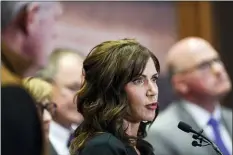  ?? ABIGAIL DOLLINS — THE ARGUS LEADER VIA AP, FILE ?? In this March 17, 2020, file photo, South Dakota Gov. Kristi Noem gives an update on the coronaviru­s in South Dakota, at the Sanford Center in Sioux Falls, S.D.