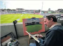  ?? PHOTO: GETTY IMAGES ?? It’s art, man . . . Former England wicketkeep­er and now profession­al artist Jack Russell paints the scene during day one of the third test between England and South Africa at The Oval in London yesterday.