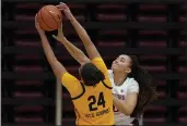  ?? JEFF CHIU — THE ASSOCIATED PRESS ?? California forward Evelien Lutje Schipholt, left, is defended by Stanford guard Haley Jones during the first half Sunday in Stanford.