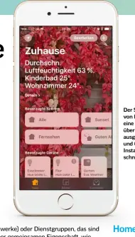  ??  ?? Der Startbilds­chirm von Home bietet eine aktuelle Statusüber­sicht und ausgewählt­e Szenen und Geräte Ihrer Installati­on im schnellen Zugriff.