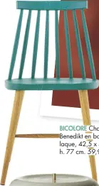  ??  ?? BICOLORE Chaise Benedikt en bois et laque, 42,5 x 48,5 x h. 77 cm. 59,90 €, Fly.