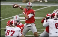  ?? JAY LAPRETE — THE ASSOCIATED PRESS ?? Ohio State quarterbac­k Justin Fields passes against Indiana during the first half Nov. 21 in Columbus.