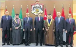  ?? REUTERS ?? (Left to right) The foreign ministers of Egypt and Saudi Arabia, Arab League secretaryg­eneral Ahmed Aboul Gheit, and the foreign ministers of Jordan, UAE, Palestine and Morocco in Amman.