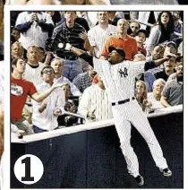  ??  ?? 1
YANKEEPANK­Y Here’s a breakdown of the Dewayne Wise ‘catch.’ With two outs in the seventh, Cleveland’s Jack Hannahan hits foul pop down left-field line. Wise (1) gives chase and jumps in effort to catch ball . . .