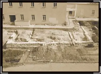  ??  ?? Exposed foundation of the old Allison School dormitory, courtesy James Moore; top, Presbyteri­an Mission School dormitory, photo Dana B. Chase, circa 1888, courtesy Palace of the Governors Photo Archives (NMHM/DCA), Neg. No. 110511; opposite page,...