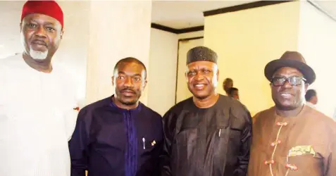  ??  ?? National Auditor, All Progressiv­es Congress (APC), Dr. George Moghalu ( left); member Chief Felix Idiga; Delta State governorsh­ip candidate in the last election, Olorogun O’tega Emerhor; and Deputy National Secretary, Chief Victor Giadom during the...