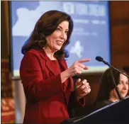  ?? HANS PENNINK — ASSOCIATED PRESS ?? New York Gov. Kathy Hochul presents her executive state budget in the Red Room at the state Capitol Wednesday, Feb. 1, 2023, in Albany, N.Y.