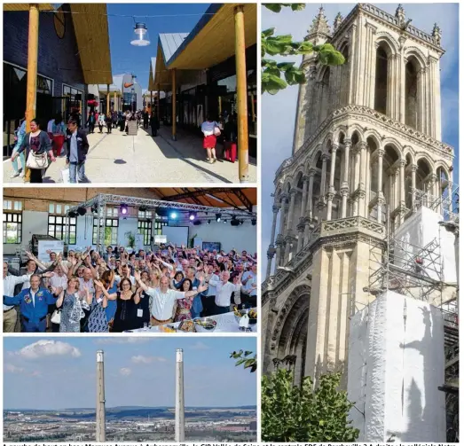  ??  ?? A gauche de haut en bas : Marques Avenue à Aubergenvi­lle, le GIR Vallée de Seine et la centrale EDF de Porchevill­e ? A droite : la collégiale NotreDame de Mantes-la-Jolie.