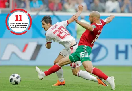  ?? AP ?? Iran’s Sardar Azmoun (left) vies for the ball with Morocco’s Noureddine Amrabat during their opening match. —