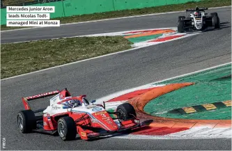  ?? ?? Mercedes junior Aron leads Nicolas Todtmanage­d Mini at Monza