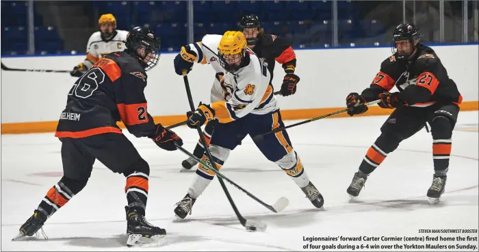  ?? STEVEN MAH/SOUTHWEST BOOSTER ?? Legionnair­es’ forward Carter Cormier (centre) fired home the first of four goals during a 6-4 win over the Yorkton Maulers on Sunday.