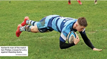  ?? MYRDDIN DENNIS ?? Narberth man of the match Ilan Phillips crosses for a try against Maesteg Quins.