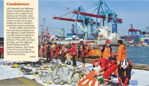  ?? Reuters ?? Rescue workers arrange pieces of the wreckage, showing part of the logo of Lion Air flight JT610 that crashed into the sea, at Tanjung Priok port in Jakarta, Indonesia, yesterday.