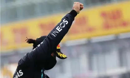  ??  ?? Lewis Hamilton performs the black power salute after winning the Styrian Grand Prix in Austria. Photograph: FIA/handout