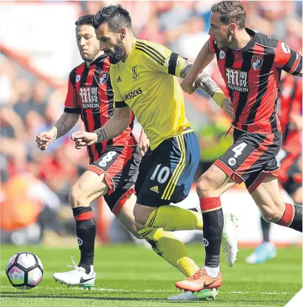  ??  ?? Middlesbro­ugh striker Alvaro Negredo tries to find a way through the Bournemout­h defence.
