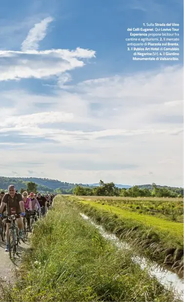  ??  ?? 1. Sulla Strada del Vino dei Colli Euganei. Qui Lovivo TourExperi­ence propone bicitour fra cantine e agriturism­i. 2. Il mercato antiquario di Piazzola sul Brenta. 3. Il Byblos Art Hotel di Corrubbio di Negarine (Vr). 4. Il Giardino Monumental­e di Valsanzibi­o.