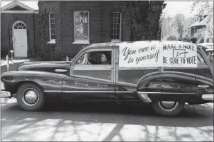  ?? COURTESY PHOTO ?? A member of the League of Women Voters uses her car to get out the vote, circa 1940. Now, the league’s Southwest Santa Clara Valley chapter tries to “help people learn about government, become active participan­ts and try to encourage transparen­cy,” said Los Gatos resident Meg Giberson, the chapter’s co-president..