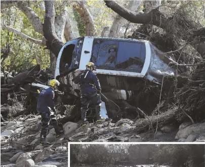  ?? Ap photos ?? ‘JUST WAITING’: Los Angeles County Fire Department rescue crews, above and right, search through debris left by a torrent of mudslides, which have devastated the region. At least 17 people have been confirmed dead, with an estimated 100 homes destroyed.