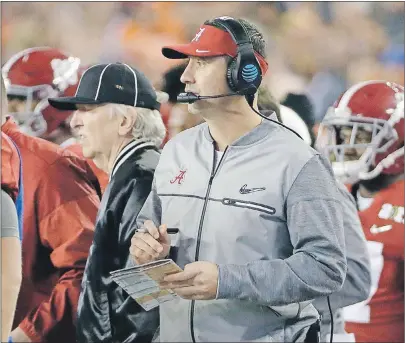  ?? AP PHOTO ?? In this Jan. 9 file photo, Alabama offensive coordinato­r Steve Sarkisian stands on the sidelines during the second half of the NCAA college football playoff championsh­ip game against Clemson in Tampa, Fla.