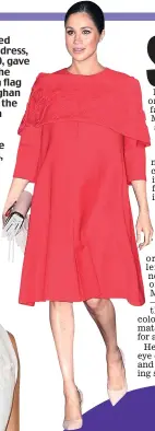  ??  ?? A bright red Valentino dress, est. £6,000, gave a nod to the Moroccan flag when Meghan arrived in the country in February. She also wore nude Dior heels, £600