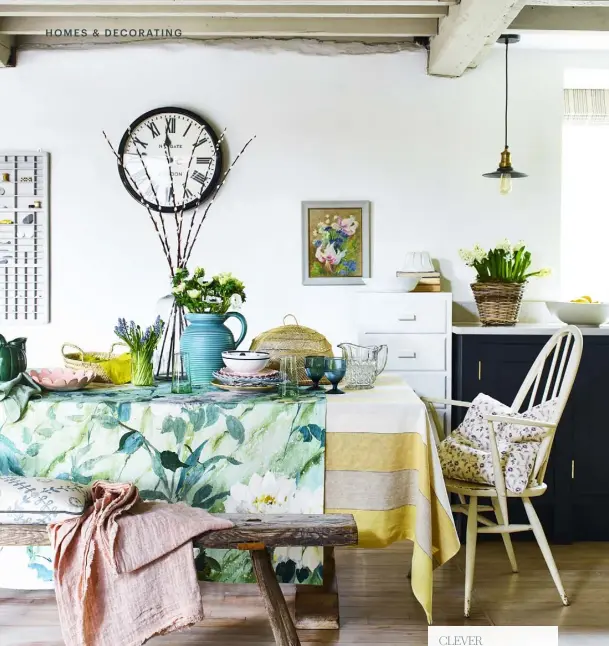  ??  ?? CLEVER COMBINATIO­NS This flamboyant floral fabric creates a strong focus, bringing instant colour and spring freshness to a dining room, but when teamed with a delicate stripe in harmonisin­g colours and neutral backdrop, it has a softer effect.