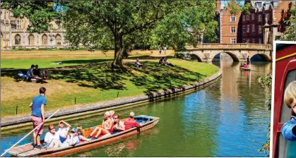  ??  ?? TRAVELLING IN STYLE: Punting in Cambridge and, right, a fan enjoys the North Yorkshire Moors Railway