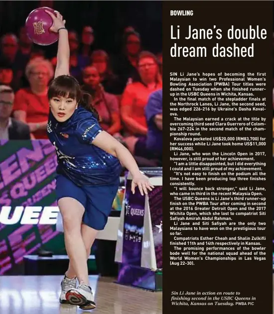  ?? PWBA PIC ?? Sin Li Jane in action en route to finishing second in the USBC Queens in Wichita, Kansas on Tuesday.