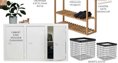  ??  ?? CABINET, £569, Woood at Cuckooland
CANISTER, £8.99, Kitchencra­ft
BASKETS, £22 for a set of 2, Argos