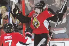  ?? AP PHOTO ?? PLENTY TO CELEBRATE: Senators center Jean-Gabriel Pageau celebrates the third of his four goals — including the game-winner in double OT — yesterday in Ottawa.