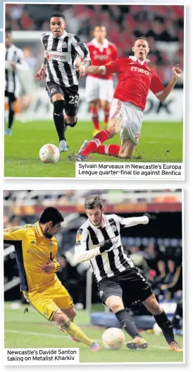  ??  ?? Newcastle’s Davide Santon taking on Metalist Kharkiv Sylvain Marveaux in Newcastle’s Europa League quarter-final tie against Benfica