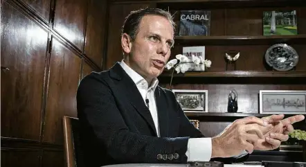  ?? Eduardo Knapp/Folhapress ?? O prefeito de São Paulo, João Doria, dá entrevista em seu gabinete; ele ilustrou pesquisa tucana sobre anseio do eleitor