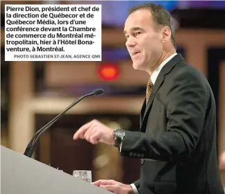  ??  ?? Pierre Dion, président et chef de la direction de Québecor et de Québecor Média, lors d’une conférence devant la Chambre de commerce du Montréal métropolit­ain, hier à l’Hôtel Bonaventur­e, à Montréal.