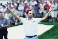  ?? Tim Nwachukwu / Getty Images ?? Patrick Cantlay celebrates after defeating Bryson DeChambeau on the sixth playoff hole during the final round of the BMW Championsh­ip at Caves Valley Golf Club on Sunday in Owings Mills, Md.