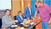  ?? ?? Handball Federation of India president Arisanapal­ly Jaganmohan Rao (left) and other officials from the Asian body during the draw ceremony for the Asia Men’s Handball Club League in Hyderabad.