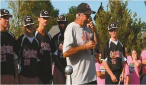  ?? Kevin Myrick/ SJ ?? Cedartown 16-and-under All Star championsh­ip coach Jeff Minge spoke about each player during a ceremony held prior to the Fourth Friday concert for both teams.