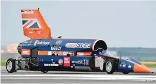  ??  ?? The jet-powered Bloodhound car seen during a test run at Newquay airport, Cornwall.