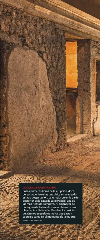  ?? VITTORIO SCIOSIA / FOTOTECA 9X12 ?? LA CASA DE JULIO POLIBIO
En las primeras horas de la erupción, doce personas, entre ellas una chica en avanzado estado de gestación, se refugiaron en la parte posterior de la casa de Julio Polibio, una de las más ricas de Pompeya. Al amanecer del día siguiente todos ellos sucumbiero­n a una oleada piroclásti­ca del Vesubio. La posición de algunos esqueletos indica que yacían sobre su cama en el momento de la muerte.