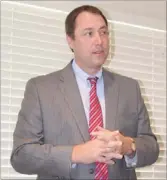  ??  ?? Judge Chadd Mason of the Circuit Court Division 4 spoke Thursday to Prairie Grove Chamber of Commerce members about how the drug court has changed with a new Workcourt program, which has so far proven to be successful in helping educate and move...