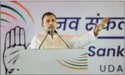  ?? PTI ?? Congress leader Rahul Gandhi speaks during the party’s ‘Nav Sankalp Shivir,’ in Udaipur on Sunday