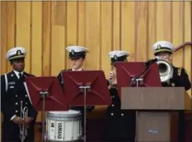  ?? MARIAN DENNIS — DIGITAL FIRST MEDIA ?? The NJROTC Drum &amp; Bugle Corps performed military songs as the flags of each branch were presented. The school celebrated its 13th Annual Veterans Day Ceremony on Friday ahead of Veterans Day on Sunday.