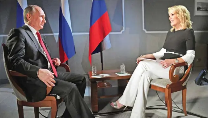  ??  ?? ST PETERSBURG, Russia: In this June 3, 2017 photo, Russian President Vladimir Putin talks with Megyn Kelly during an interview with NBC’s “Sunday Night with Megyn Kelly”. — AP